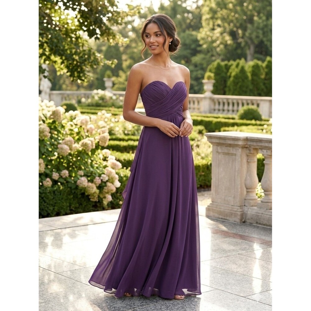 Allure Bridals Bridesmaids 1267 Eggplant Chiffon Strapless Gown Dress 10